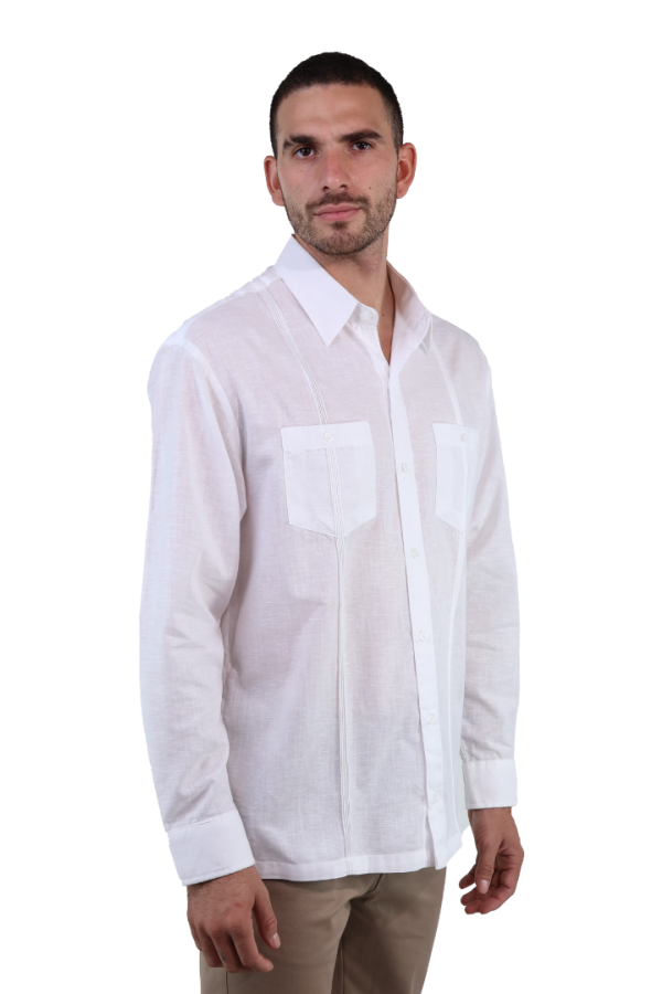 Guayabera Manga Larga Color Blanca Cuello Italiano Corte Clasico Para Caballero